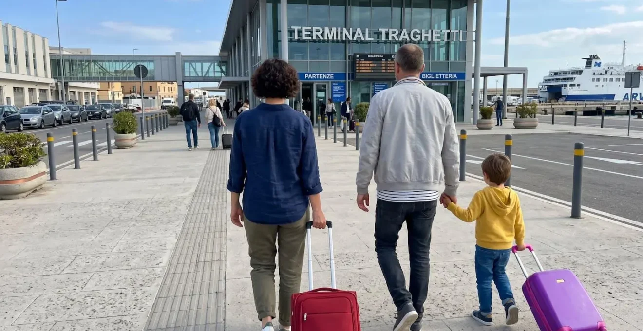 Una famiglia di tre persone vista di spalle cammina verso l'ingresso di un terminal traghetti moderno trasportando piccoli trolley