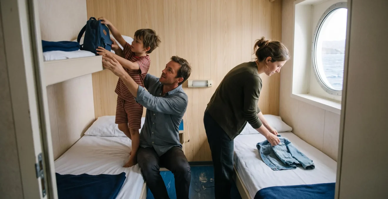 Una famiglia sistema i bagagli in una cabina con cuccette a bordo di un traghetto diretto in Corsica.