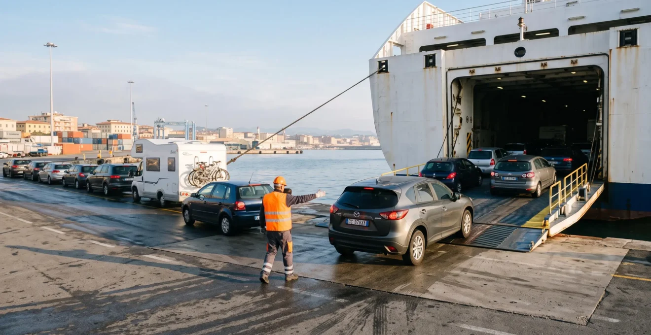 Autovetture in coda per imbarcarsi su un traghetto in partenza dal porto di Livorno al mattino.