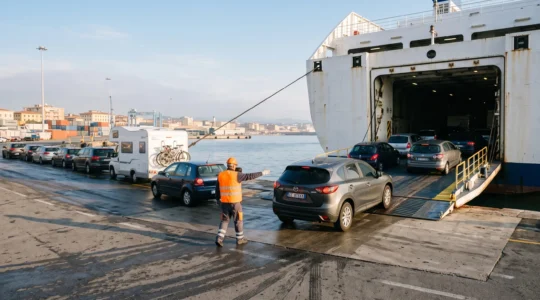 Autovetture in coda per imbarcarsi su un traghetto in partenza dal porto di Livorno al mattino.