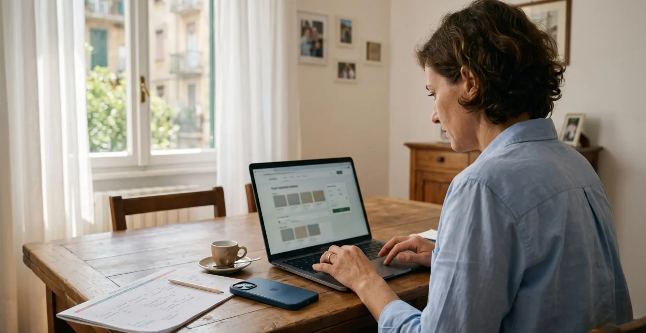 Una donna confronta le date di prenotazione di una traversata in traghetto sul laptop, con un calendario familiare sul tavolo.